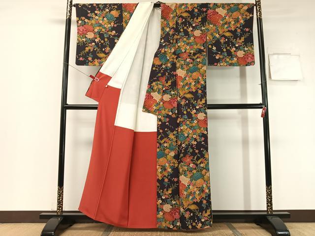 平和屋着物●上質な小紋　草花文　鬼しぼ縮緬　正絹　逸品　CABB5172vp