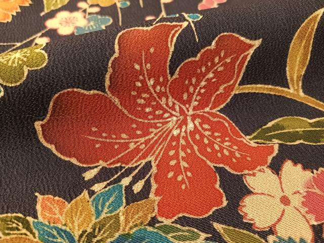 平和屋着物●上質な小紋　草花文　鬼しぼ縮緬　正絹　逸品　CABB5172vp