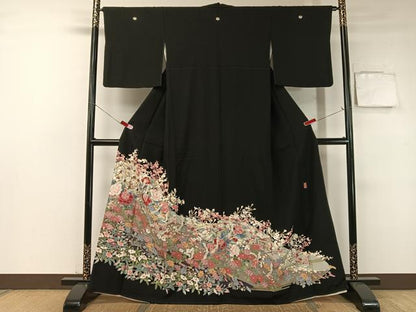平和屋着物●豪華黒留袖　友禅　作家物　飛鶴花文　正絹　逸品　CABB5176vp