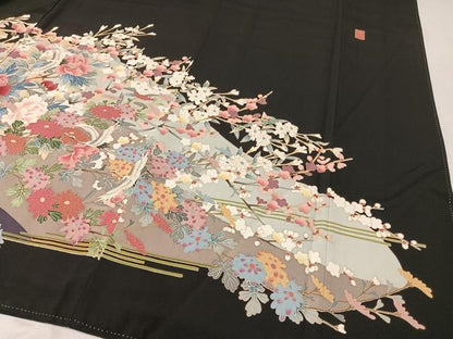 平和屋着物●豪華黒留袖　友禅　作家物　飛鶴花文　正絹　逸品　CABB5176vp