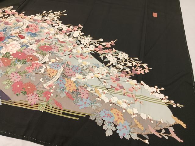 平和屋着物●豪華黒留袖　友禅　作家物　飛鶴花文　正絹　逸品　CABB5176vp