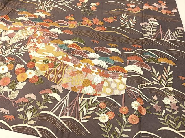 平和屋着物●訪問着　刺繍　立波吉祥花松文　金彩　正絹　逸品　CABB5177vp