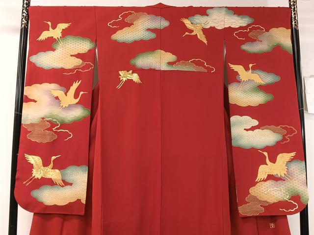 平和屋着物●ファッションデザイナー　花井幸子　振袖　駒刺繍　雲取り飛鶴文　金彩　正絹　逸品　CABB5181vp 平和屋着物○ファッションデザイナー 花井幸子 振袖 駒刺繍 雲取り飛鶴文