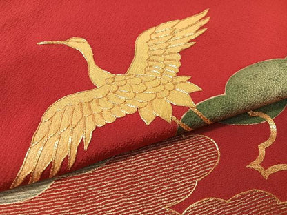 平和屋着物●ファッションデザイナー　花井幸子　振袖　駒刺繍　雲取り飛鶴文　金彩　正絹　逸品　CABB5181vp