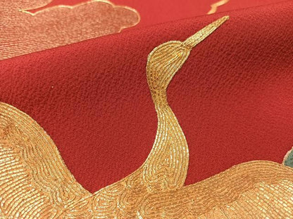 平和屋着物●ファッションデザイナー　花井幸子　振袖　駒刺繍　雲取り飛鶴文　金彩　正絹　逸品　CABB5181vp