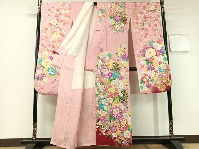 平和屋着物●豪華振袖　刺繍　束ね熨斗舞花文　暈し染め　銀通し地　正絹　逸品　CABB5183vp