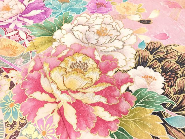 平和屋着物●豪華振袖　刺繍　束ね熨斗舞花文　暈し染め　銀通し地　正絹　逸品　CABB5183vp 平和屋着物○豪華振袖 刺繍 束ね熨斗舞花文 暈し染め 銀通し