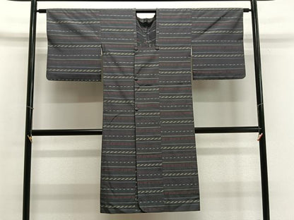 平和屋着物■道行コート　単衣　紬地　横段文　黒地　ロング丈　正絹　逸品　CABB5265ua