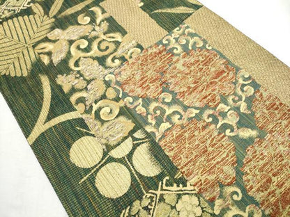 平和屋着物●両面　六通柄袋帯　色紙重ね草花文　金糸　正絹　逸品　CABB5643hy