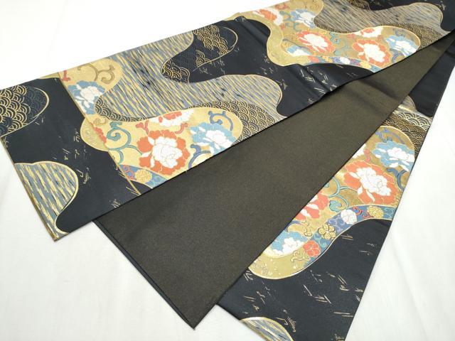 平和屋着物○西陣 六通柄袋帯 国風錦 黒地 本金箔 証紙