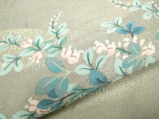 a666 正絹 明綴れ　刺繍　鶴　お太鼓柄袋帯 金糸 着物 中古】 袋帯 正絹 綴れ お太鼓柄 薄ベージュ 金 向い鳥 菱 菊 長さ