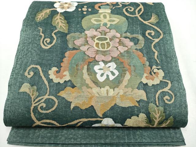 平和屋着物▽スリーシーズン 春夏秋 太鼓柄袋帯 すくい織 陶器花文 金銀糸 正絹 逸品 未使用 CABB5667hy