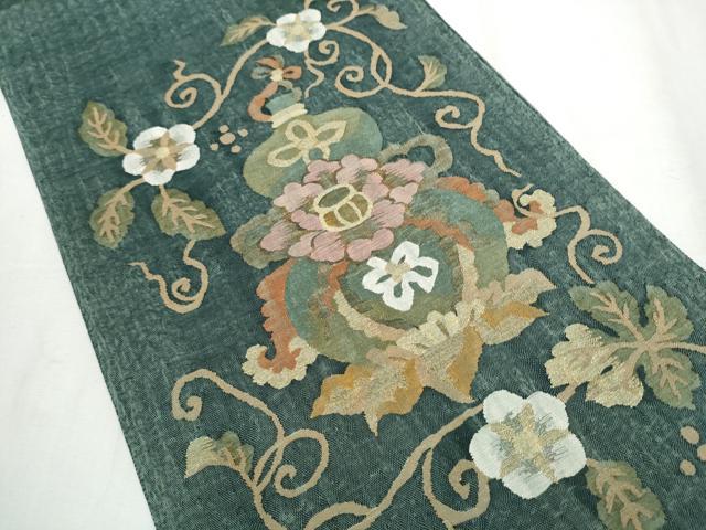 平和屋着物▽スリーシーズン 春夏秋 太鼓柄袋帯 すくい織 陶器花文 金銀糸 正絹 逸品 未使用 CABB5667hy