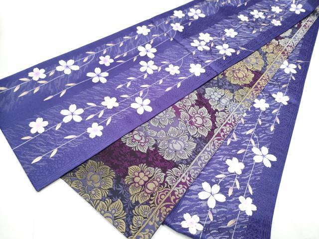 平和屋着物○両面 全通柄袋帯 枝垂れ桜文 銀通し地 正絹 逸品