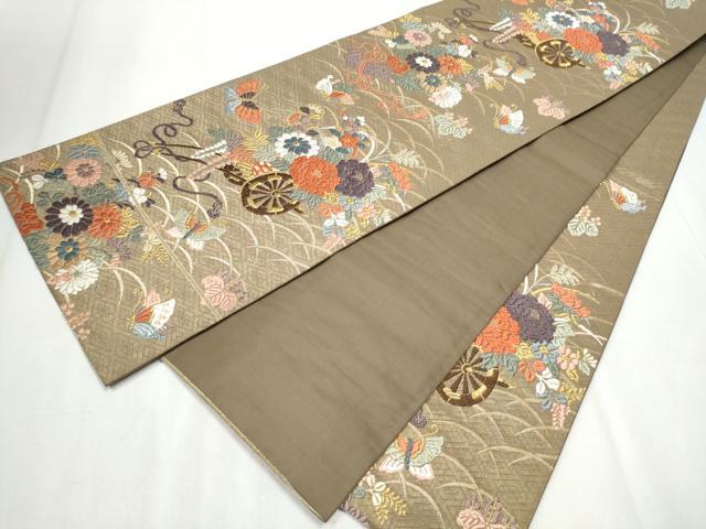 平和屋着物●六通柄袋帯　唐織　舞蝶花車文　金糸　正絹　逸品　CABB5726hy 平和屋着物○六通柄袋帯 唐織 舞蝶花車文 金糸 正絹 逸品