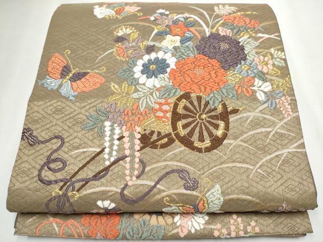 平和屋着物●六通柄袋帯　唐織　舞蝶花車文　金糸　正絹　逸品　CABB5726hy 平和屋着物○六通柄袋帯 唐織 舞蝶花車文 金糸 正絹 逸品