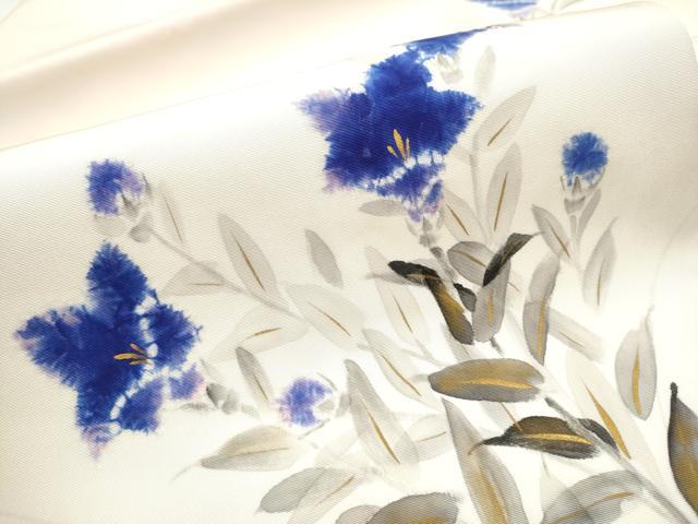 名古屋帯 塩瀬 白いケシの花 水色地 九寸名古屋帯 正絹 新春！1000