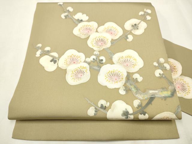 平和屋着物●塩瀬　九寸名古屋帯　手描き　枝梅文　金彩　正絹　逸品　CABB5757hy