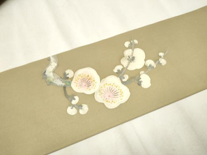 平和屋着物●塩瀬　九寸名古屋帯　手描き　枝梅文　金彩　正絹　逸品　CABB5757hy