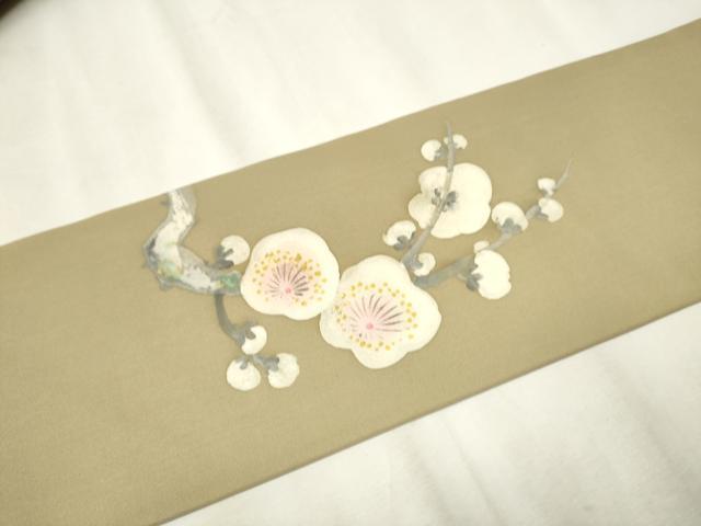 平和屋着物●塩瀬　九寸名古屋帯　手描き　枝梅文　金彩　正絹　逸品　CABB5757hy