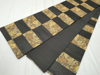 平和屋着物●西陣　小森織物謹製　六通柄袋帯　枝花文　黒地　金糸　正絹　逸品　CABB5791hy