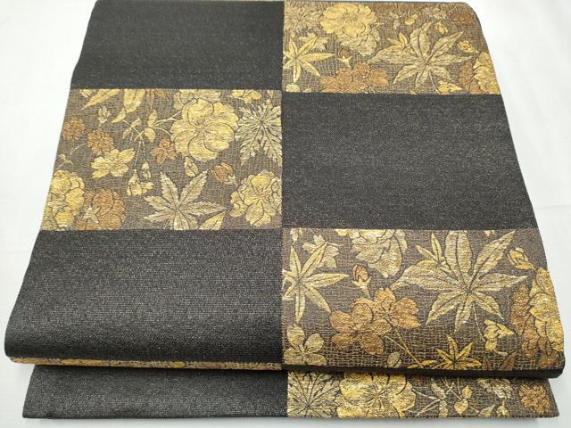平和屋着物●西陣　小森織物謹製　六通柄袋帯　枝花文　黒地　金糸　正絹　逸品　CABB5791hy