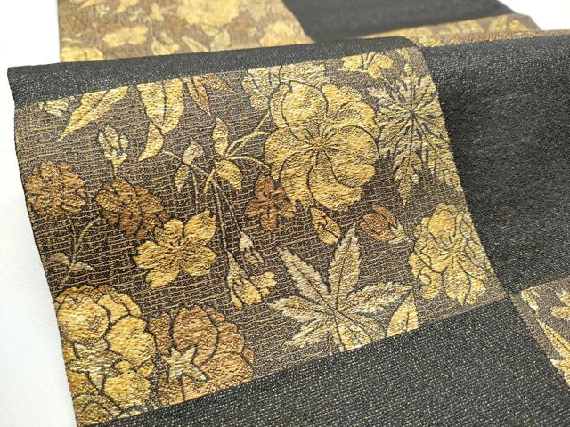 平和屋着物●西陣　小森織物謹製　六通柄袋帯　枝花文　黒地　金糸　正絹　逸品　CABB5791hy