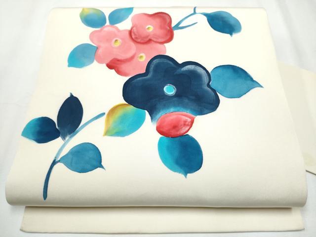 平和屋着物○塩瀬 九寸名古屋帯 ろうけつ染 枝花文 正絹