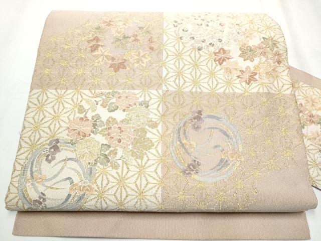 【専用ページ】名古屋帯　爪掻き本綴れ　花兎　正絹 平和屋着物○爪掻き本綴れ 八寸名古屋帯 市松草花文 金糸