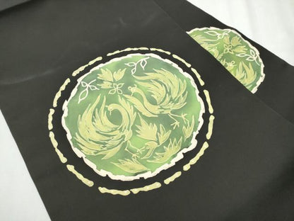 平和屋着物●塩瀬　九寸名古屋帯　ろうけつ染　枝葉鳥文　黒地　正絹　逸品　CABB5812hy