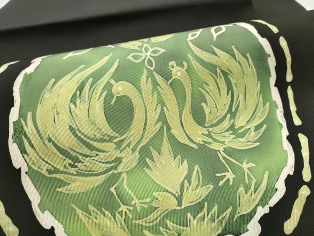平和屋着物●塩瀬　九寸名古屋帯　ろうけつ染　枝葉鳥文　黒地　正絹　逸品　CABB5812hy