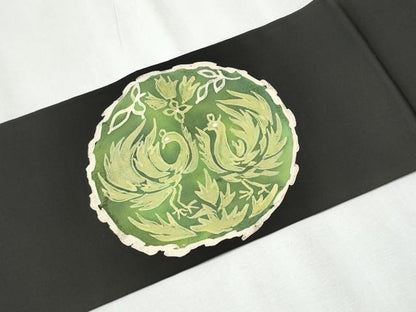 平和屋着物●塩瀬　九寸名古屋帯　ろうけつ染　枝葉鳥文　黒地　正絹　逸品　CABB5812hy