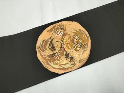 平和屋着物●塩瀬　九寸名古屋帯　ろうけつ染　枝葉鳥文　黒地　正絹　逸品　CABB5812hy