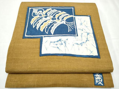 平和屋着物●九寸開き名古屋帯 作家物 紬地 型染め 色紙葵文 正絹 逸品 CABB5824hy