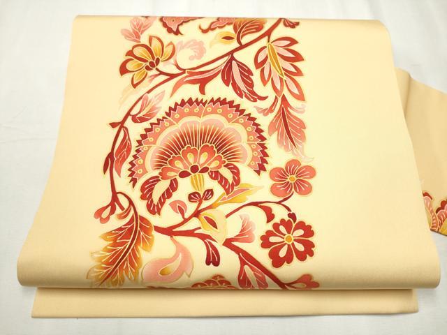 平和屋着物●塩瀬 九寸名古屋帯 更紗花文 金彩 正絹 逸品 CABB5846hy