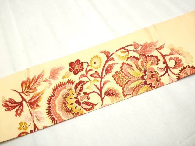 平和屋着物●塩瀬 九寸名古屋帯 更紗花文 金彩 正絹 逸品 CABB5846hy