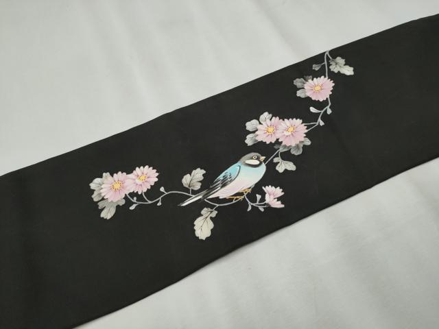 平和屋着物○塩瀬 九寸名古屋帯 休み鳥花文 黒地 正絹 逸品