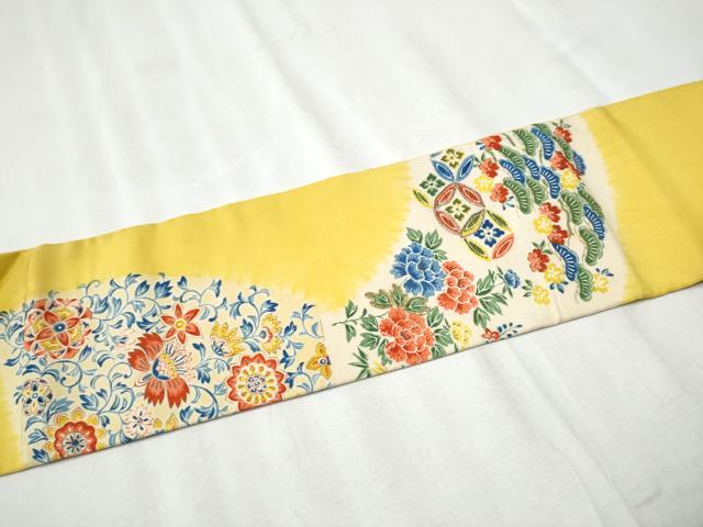 平和屋着物アンティーク 大正ロマン 九寸名古屋帯 手描き 草花文 黒地