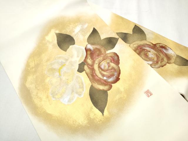 平和屋着物●塩瀬　九寸名古屋帯　作家物　椿　金銀彩　正絹　逸品　CABB5899hy