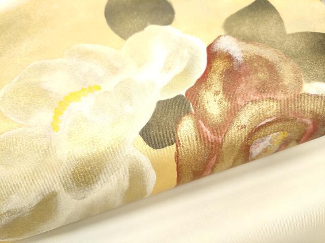 平和屋着物●塩瀬　九寸名古屋帯　作家物　椿　金銀彩　正絹　逸品　CABB5899hy