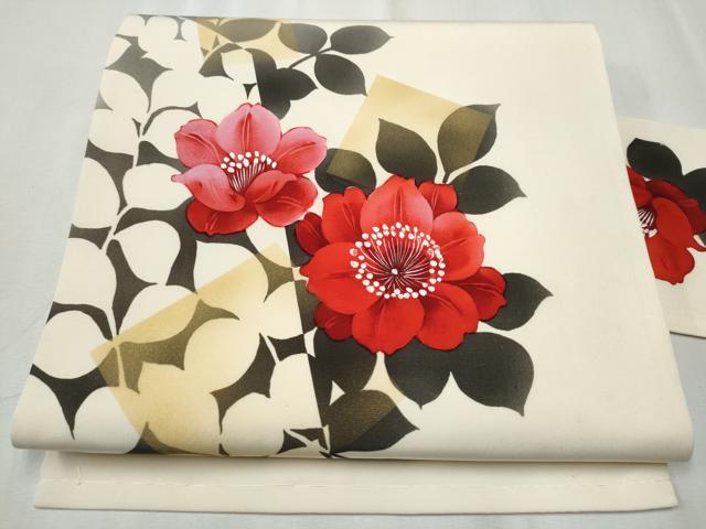 平和屋着物●塩瀬　九寸名古屋帯　手描き　枝花文　金銀彩　正絹　逸品　CABB5903hy
