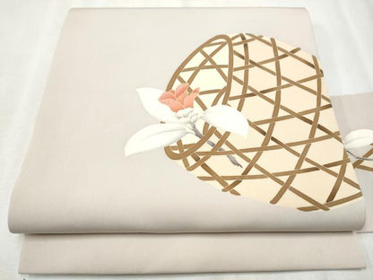平和屋着物●塩瀬　九寸名古屋帯　刺繍　花籠文　金彩　正絹　逸品　CABB5904hy