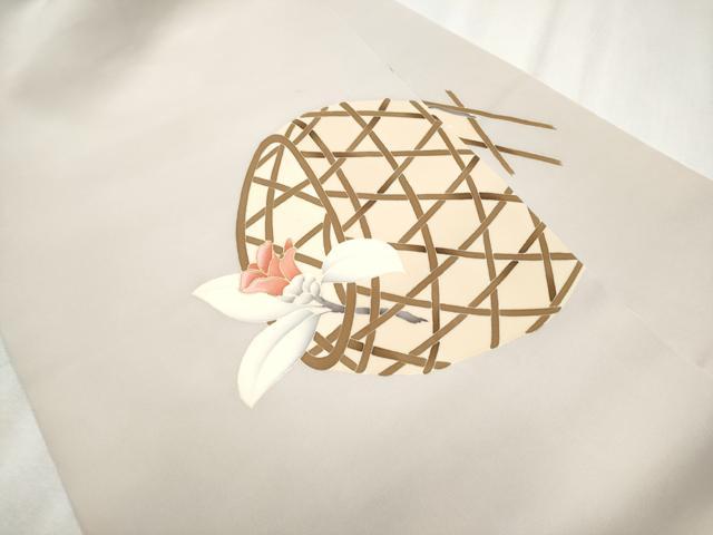平和屋着物●塩瀬　九寸名古屋帯　刺繍　花籠文　金彩　正絹　逸品　CABB5904hy
