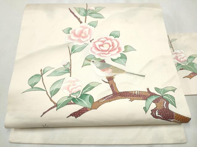 平和屋着●九寸名古屋帯　作家物　刺繍　休み鳥枝花文　金糸　正絹　逸品　CABB5905hy