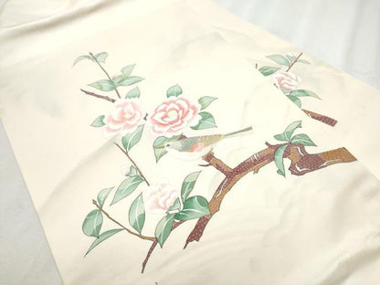 平和屋着●九寸名古屋帯　作家物　刺繍　休み鳥枝花文　金糸　正絹　逸品　CABB5905hy