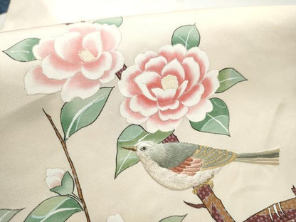 平和屋着●九寸名古屋帯　作家物　刺繍　休み鳥枝花文　金糸　正絹　逸品　CABB5905hy