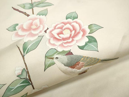 平和屋着●九寸名古屋帯　作家物　刺繍　休み鳥枝花文　金糸　正絹　逸品　CABB5905hy