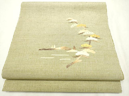 平和屋着物●蓑虫工芸作家　田尾笛秋　八寸名古屋帯　紬地　栗駒ぜんまい綿無地帯　枝松文　証紙付き　正絹　逸品　CABB5912hy