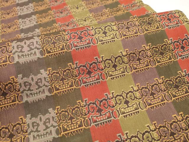 龍村美術織物　たつむら　九寸　開き名古屋帯　獅噛文長斑錦　金糸　正絹 平和屋着物○龍村美術織物 九寸開き名古屋帯 獅噛文長斑