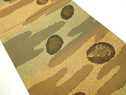 平和屋着物●両面　六通柄袋帯　櫛織　フクロウ　正絹　逸品　CABB5921hy